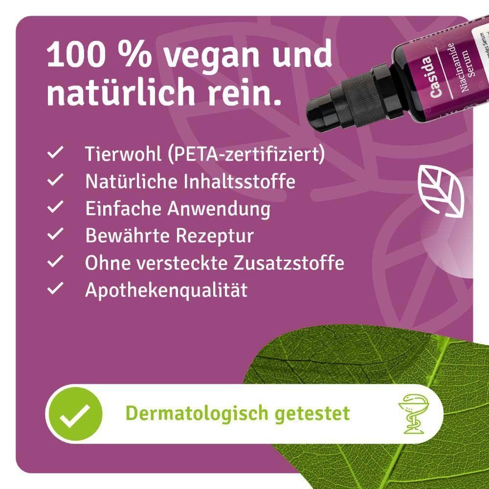 Casida Niacinamide Serum. PETA-zertifiziert, natürliche Inhaltsstoffe, einfache Anwendung, bewährte Rezeptur, ohne Zusätze, Apothekenqualität.