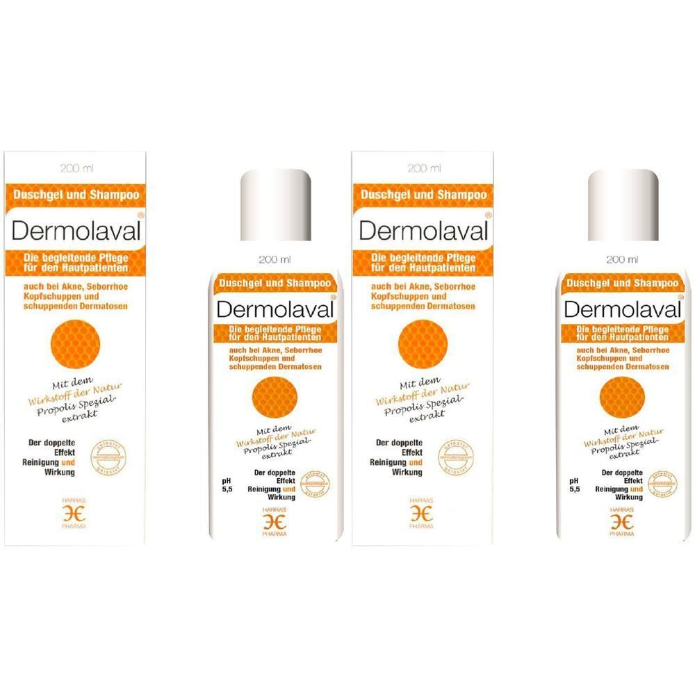 Mehrere Flaschen und Verpackungen. Aufschrift: Dermolaval Duschgel+Shampoo. Weiße Flaschen mit weißem Deckel und orangefarbenem Etikett.