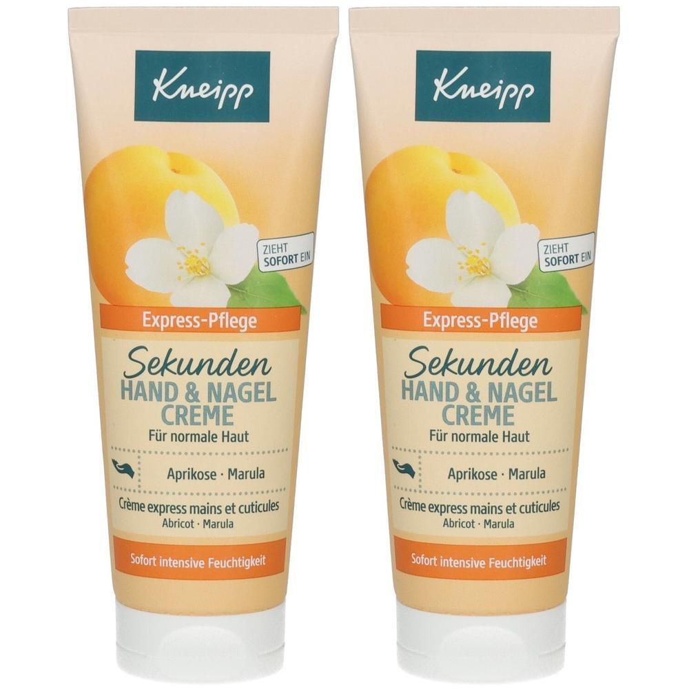 Zwei Tuben Handcreme. Aufschrift: Kneipp, Sekunden Hand & Nagel Creme. Mit Aprikose und Marula. Sofort intensive Feuchtigkeit.