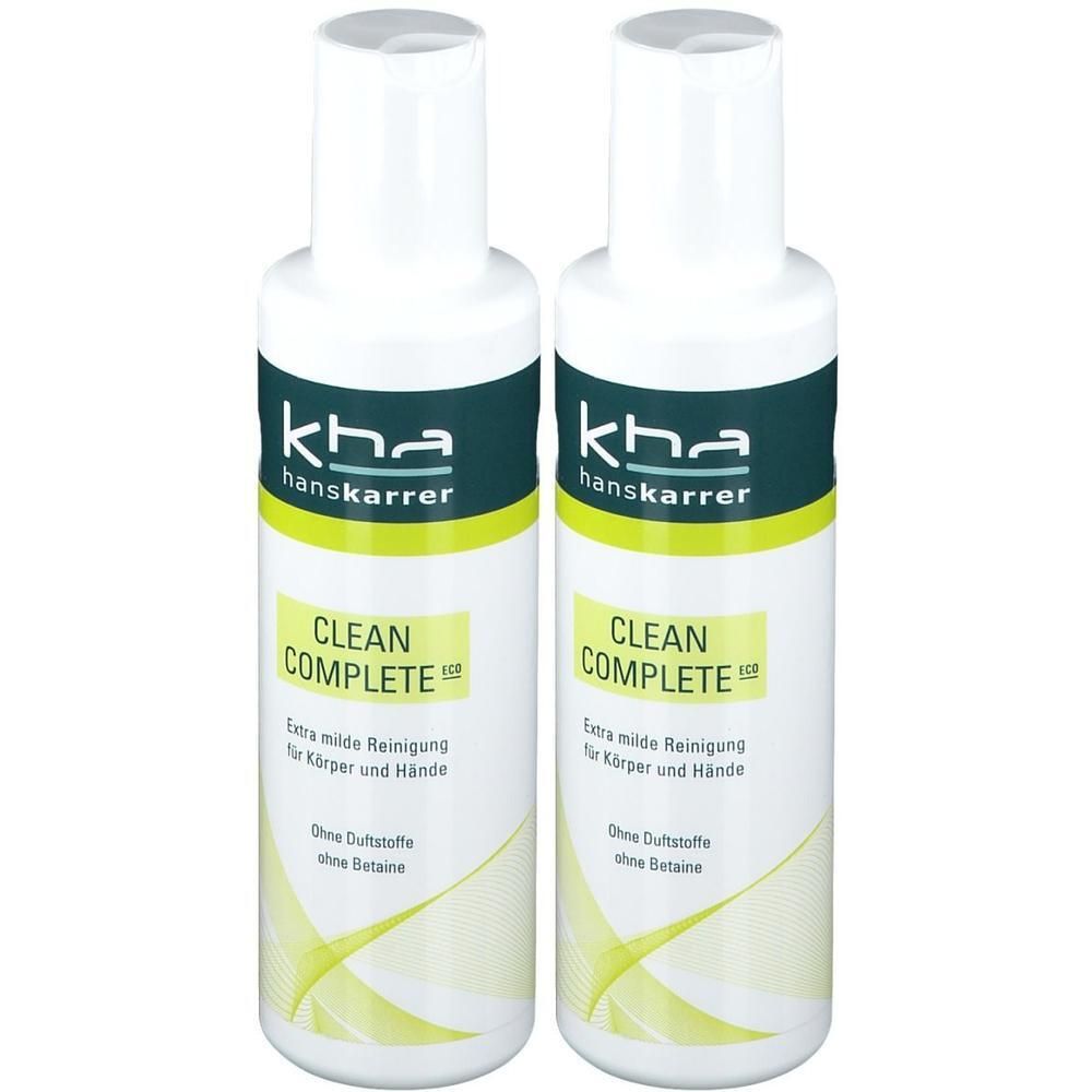 Zwei weiße Flaschen mit grünen und gelben Etiketten. Aufschrift: kha hanskarrer CLEAN COMPLETE. Extra milde Reinigung für Körper und Hände.