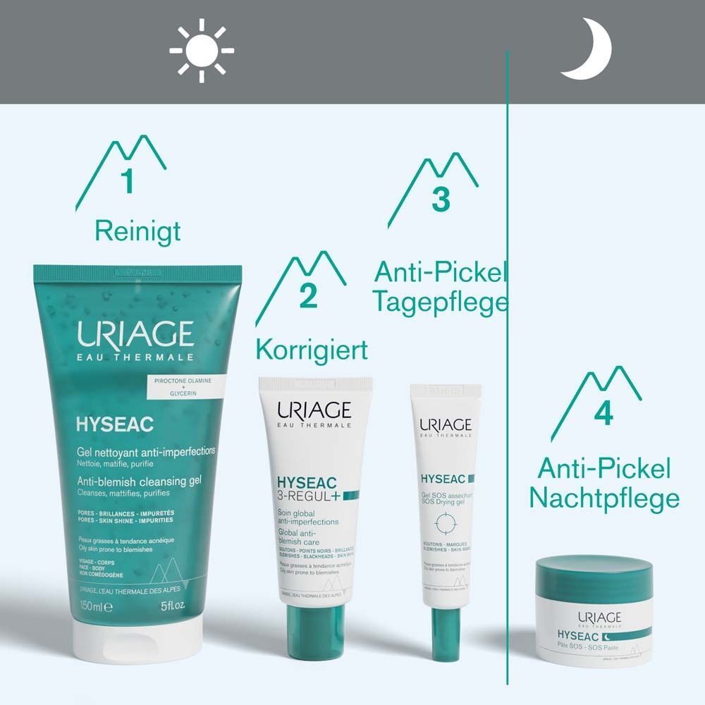 Produktreihe Uriage Hyseac. Reinigung, Korrigieren, Anti-Pickel Tagespflege, Anti-Pickel Nachtpflege. Verschiedene Tuben und Tiegel.