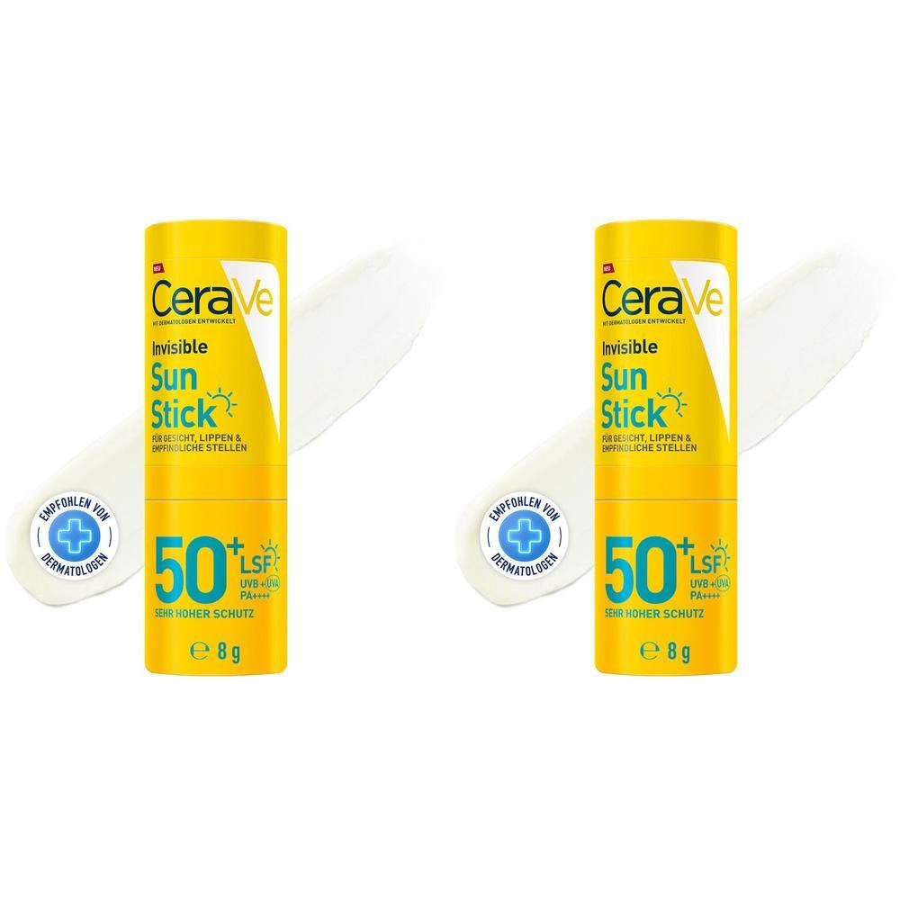 Zwei CeraVe Invisible Sun Stick LSF 50+ mit je 8g, für Gesicht und Lippen.