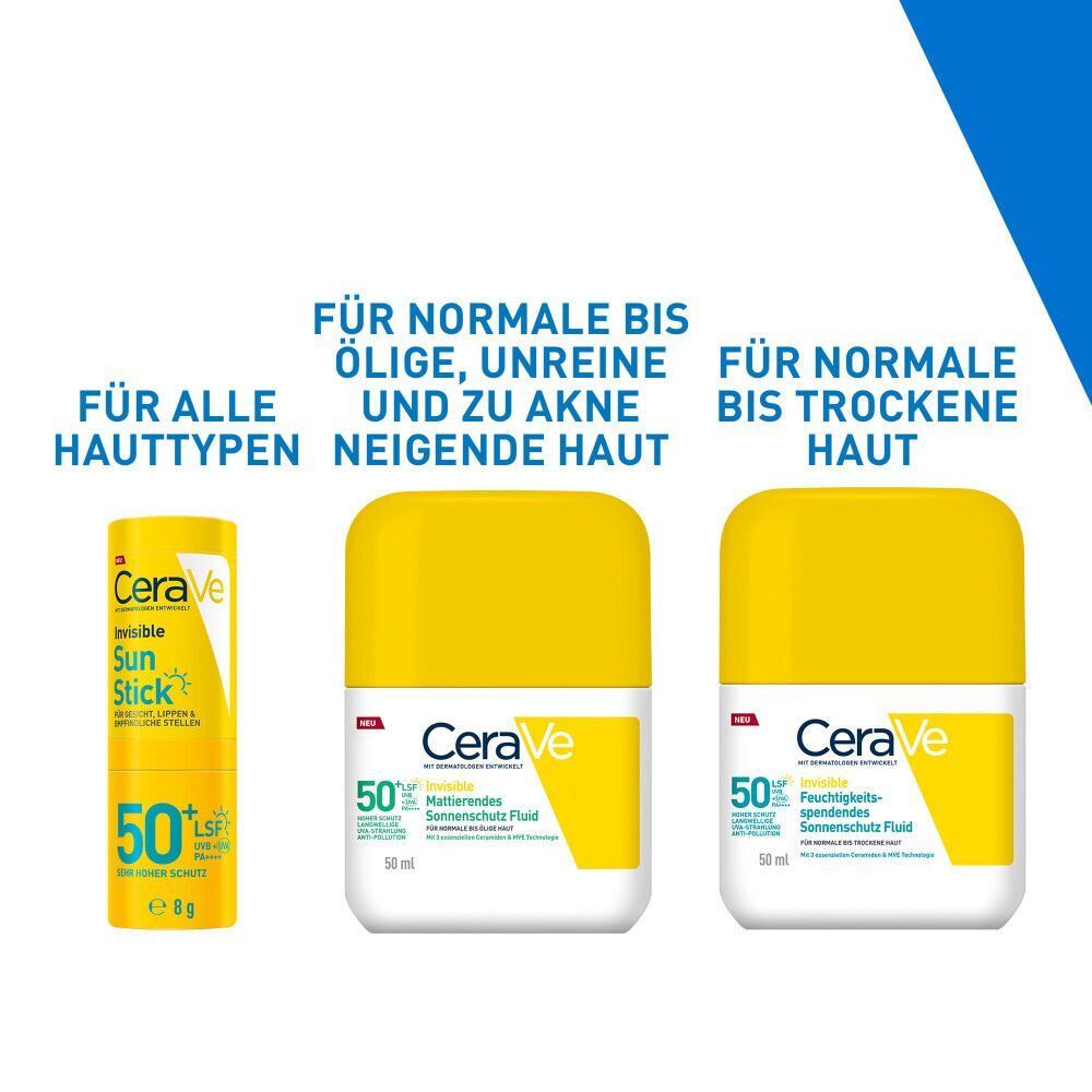 CeraVe Sun Stick LSF 50+ (8g) und Sonnenschutz-Fluids für normale bis ölige und normale bis trockene Haut.