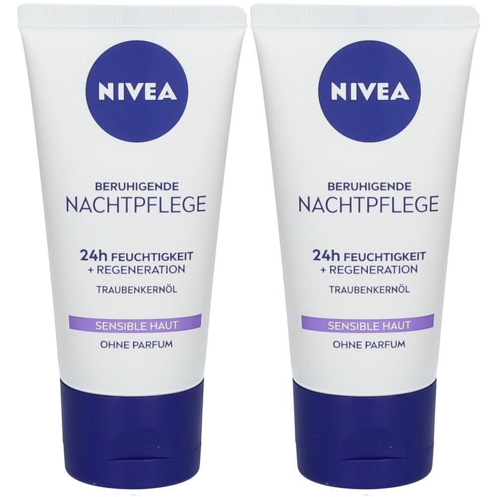 Zwei weiße Tuben mit blauen Deckeln. Auf jeder Tube steht "NIVEA", "Beruhigende Nachtpflege", "24h Feuchtigkeit + Regeneration", "Sensible Haut".