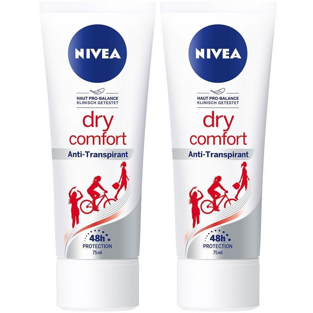 Zwei weiße Tuben NIVEA Deo Creme Dry Comfort. Blaue Kappe mit Logo. Rote Schrift: Dry Comfort, Anti-Transpirant. 48h Protection.
