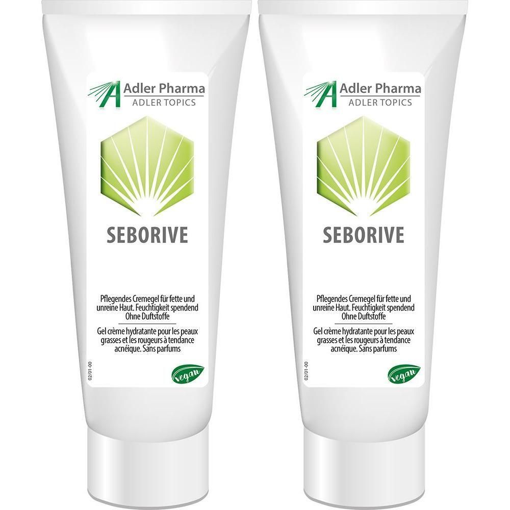Zwei weiße Cremegel-Tuben mit grünen Logos und Text. Aufschrift: SEBORIVE, Adler Pharma. Vegan-Siegel.