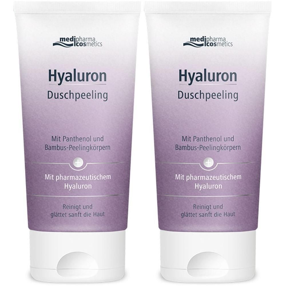 Zwei Tuben medipharma cosmetics Hyaluron Duschpeeling. Weiße Tuben mit lila-farbigen Etiketten. Produktname und Logo deutlich sichtbar.