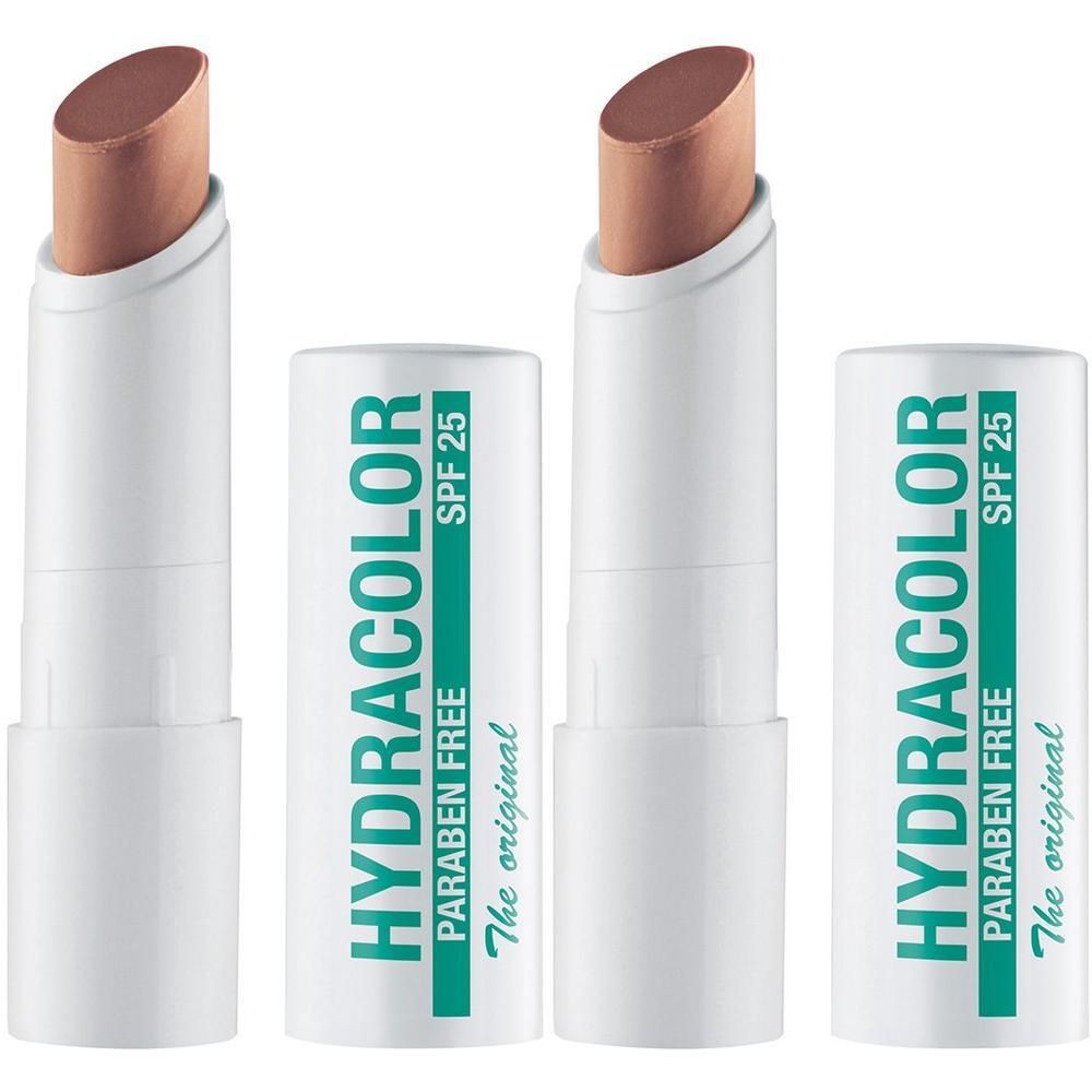 Zwei Lippenpflegestifte mit geöffneter Kappe. Die Stifte sind beige-braun. Die Verpackung ist weiß mit grüner Schrift: HYDRACOLOR SPF 25.