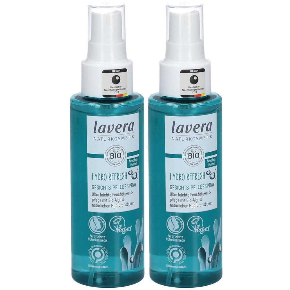 Zwei Sprays mit weißem Sprühkopf und türkisfarbener Flüssigkeit. Aufschrift: lavera NATURKOSMETIK, BIO, HYDRO REFRESH GESICHTS-PFLEGESPRAY.