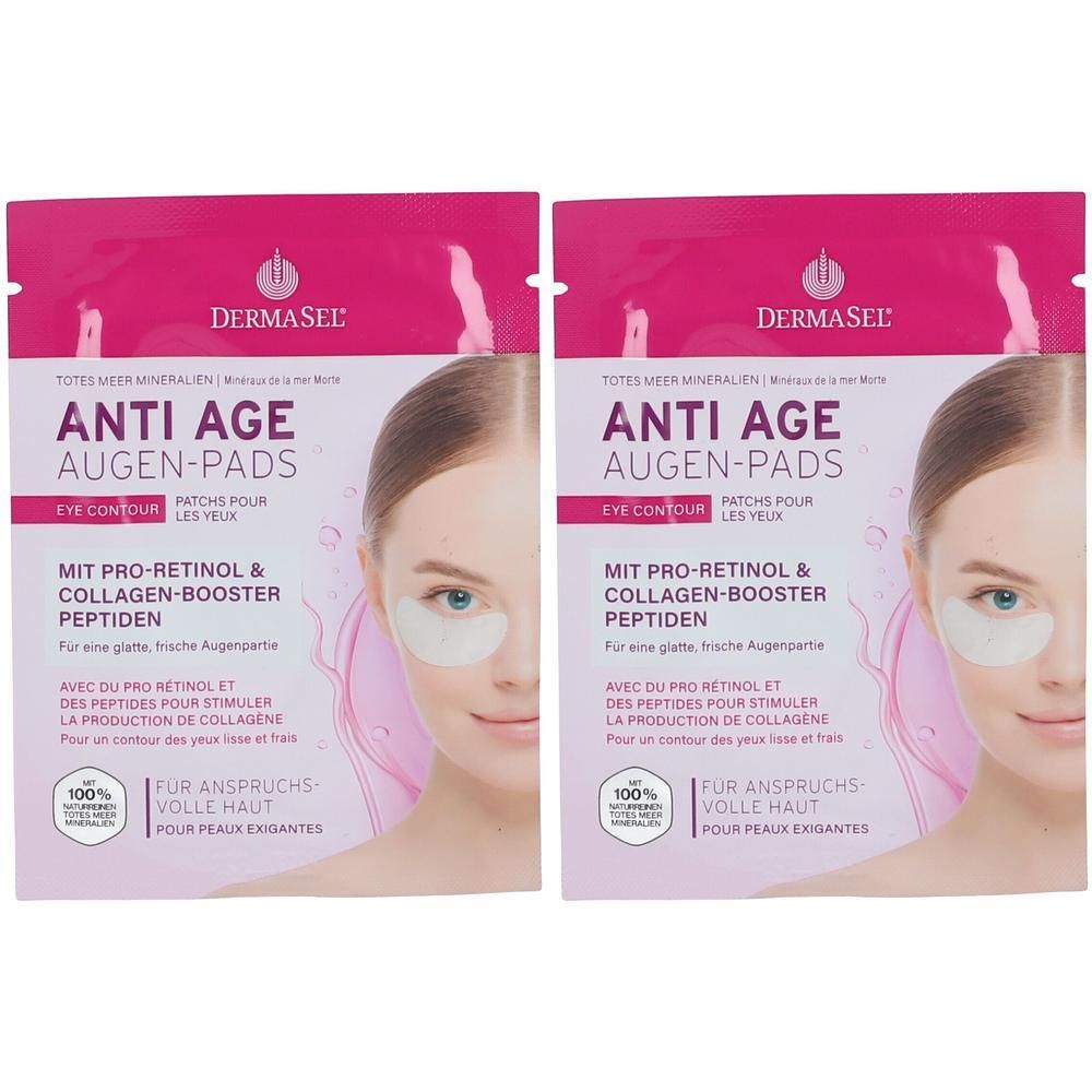 Zwei Packungen Augen-Pads. Rosa Verpackung mit Produktnamen und Logo. Aufdruck: Anti Age Augen-Pads. Frau mit Augen-Pads.