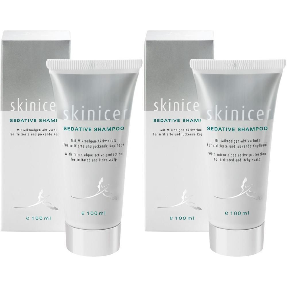 Zwei Tuben und zwei Schachteln. Auf den Tuben steht "skinicer SEDATIVE SHAMPOO". Auf den Schachteln steht ebenfalls "skinicer".
