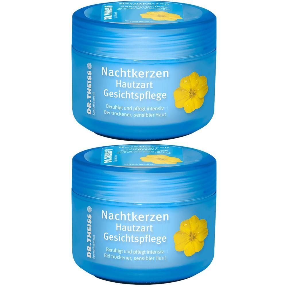 Zwei blaue Tiegel mit weißer Schrift und gelber Blume. Aufschrift: Nachtkerzen Hautzart Gesichtspflege. Marke: DR. THEISS.