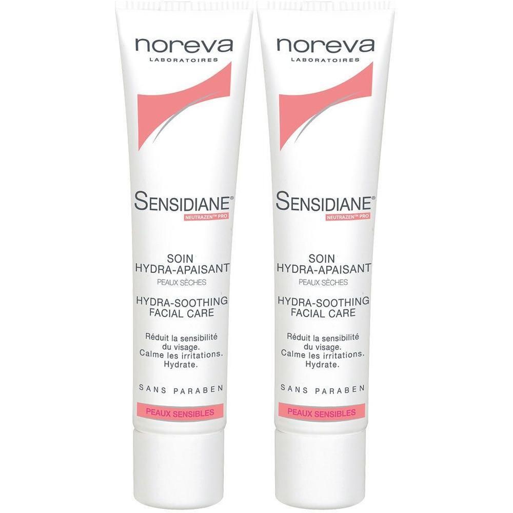 Zwei Tuben Creme. Aufschrift: Noreva, Sensidiane, Hydra-A-Paisant, Peaux Seches, Hydra-Soothing Facial Care. Text: Reduziert die Empfindlichkeit des Gesichts.