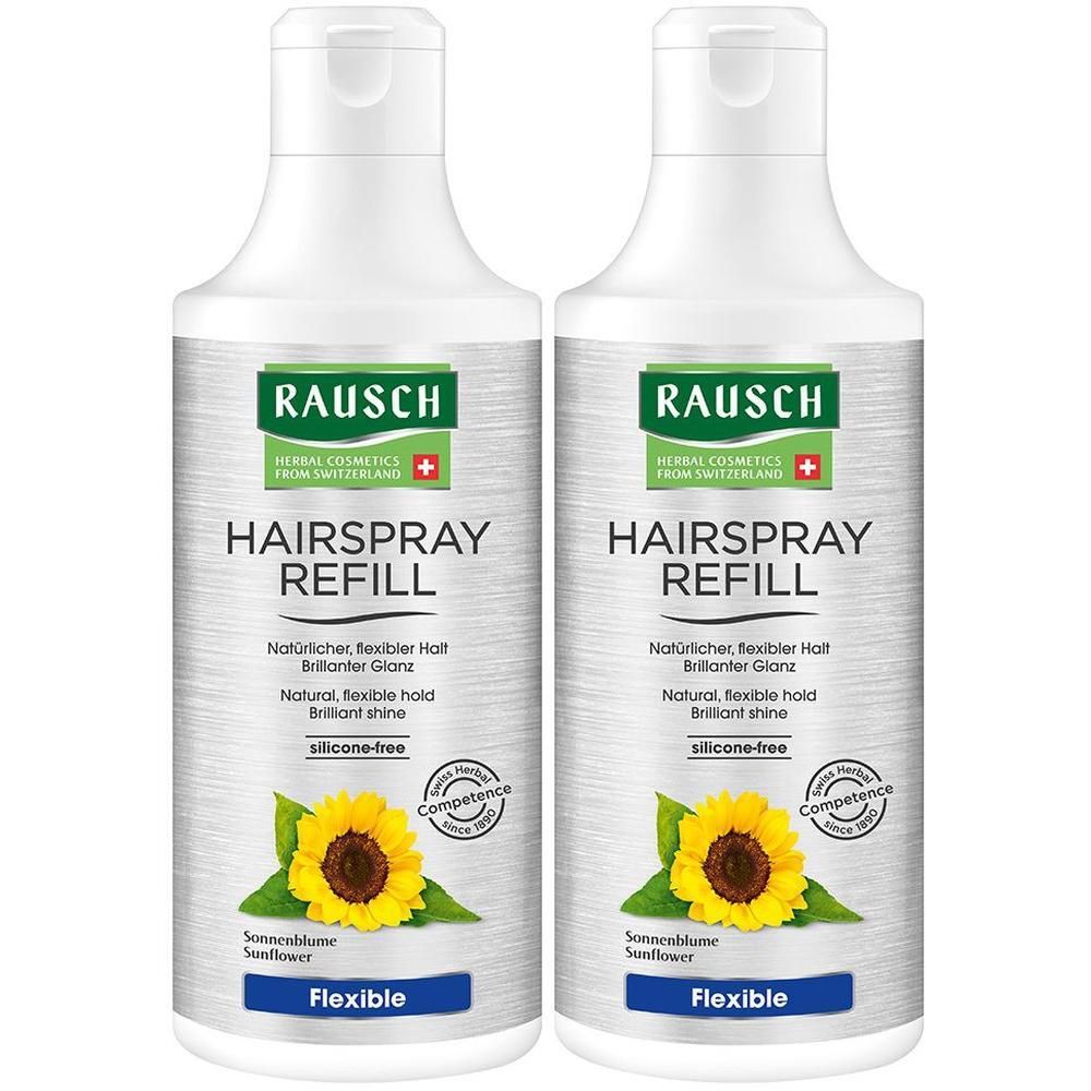 Zwei weiße Flaschen mit RAUSCH HAIRSPRAY REFILL-Etiketten. Aufschrift: Natürlicher, flexibler Halt, brillanter Glanz, silikonfrei. Sonnenblume-Illustration.