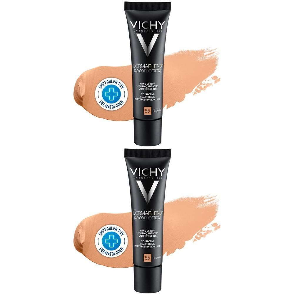 Zwei Tuben Make-up mit Farbklecks. Aufschrift: Vichy Dermablend 3D Correction. Farbton: Bronze 55. Empfohlen von Dermatologen.