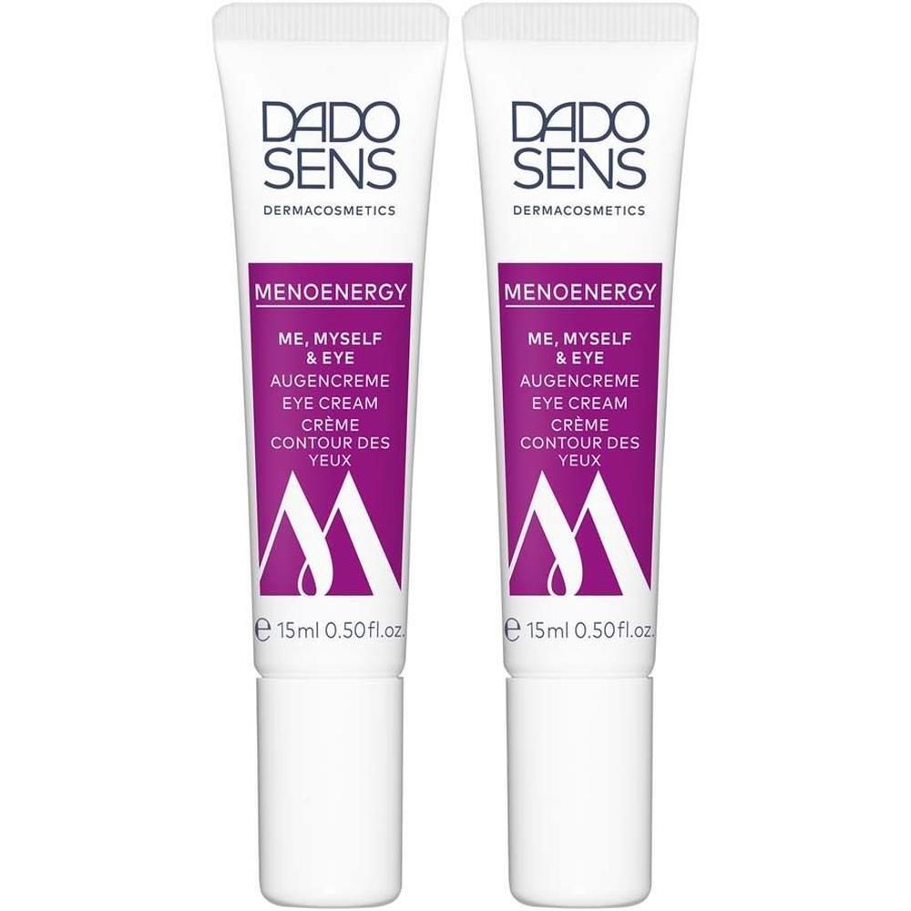 Zwei Tuben DADO SENS Menoenergy Augencreme. Weiße Tuben mit lila Schrift und Logo. Text: Augencreme, 15ml.