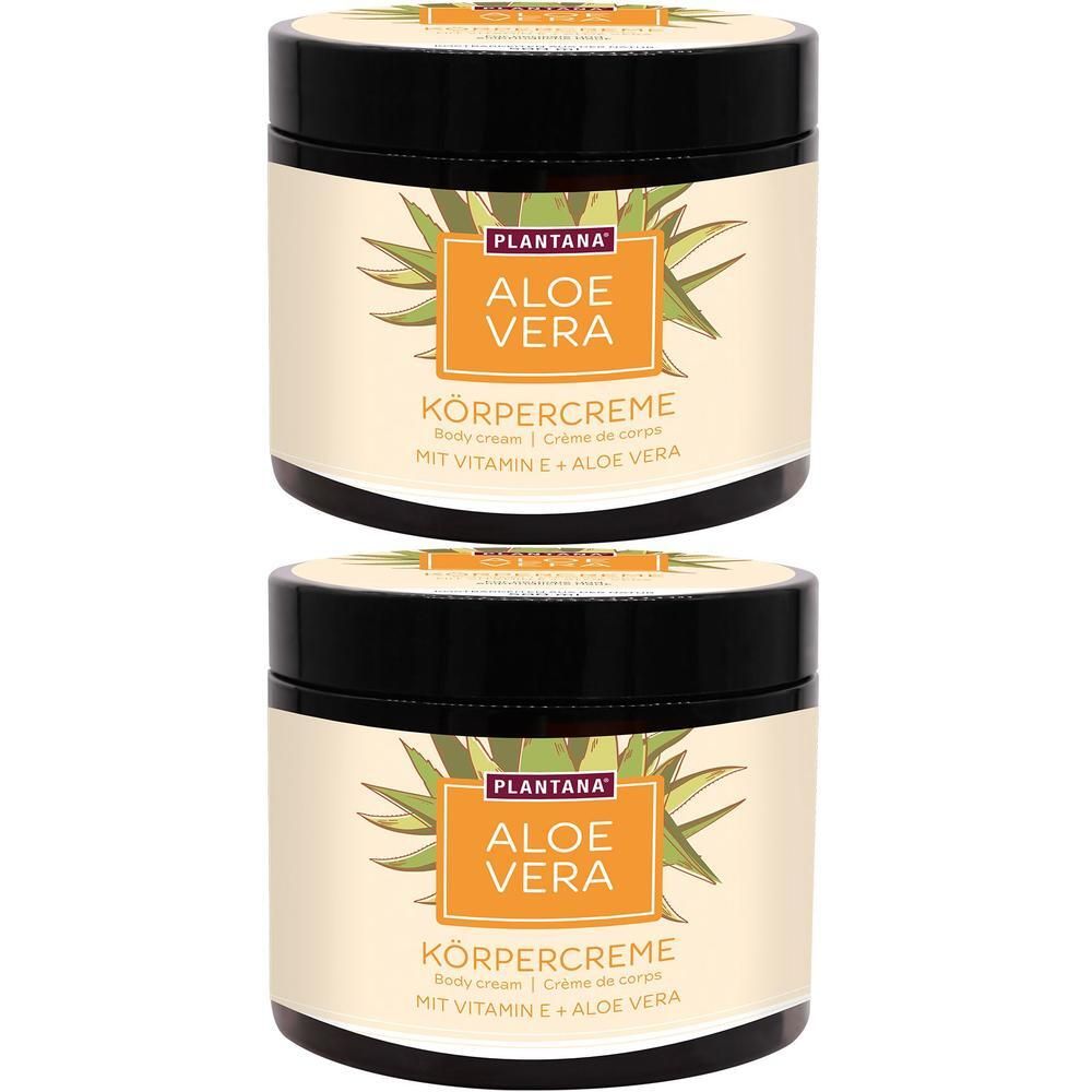 Zwei Tiegel Körpercreme mit schwarzem Deckel. Aufschrift: Aloe Vera, Körpercreme, mit Vitamin E + Aloe Vera. Marke: PLANTANA.