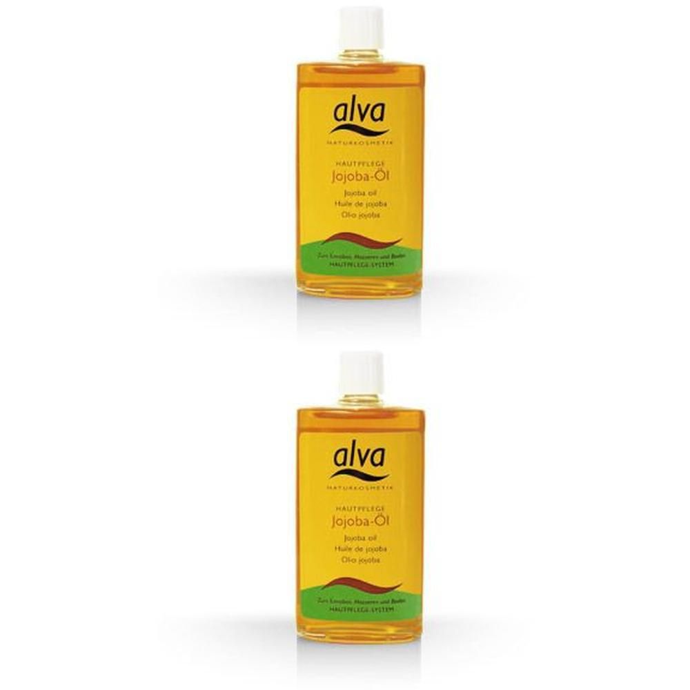 Zwei Flaschen mit gelbem Etikett. Aufschrift: alva, Jojoba-Öl. Naturreines Öl. Weiße Kappe. Grün-braunes Design.