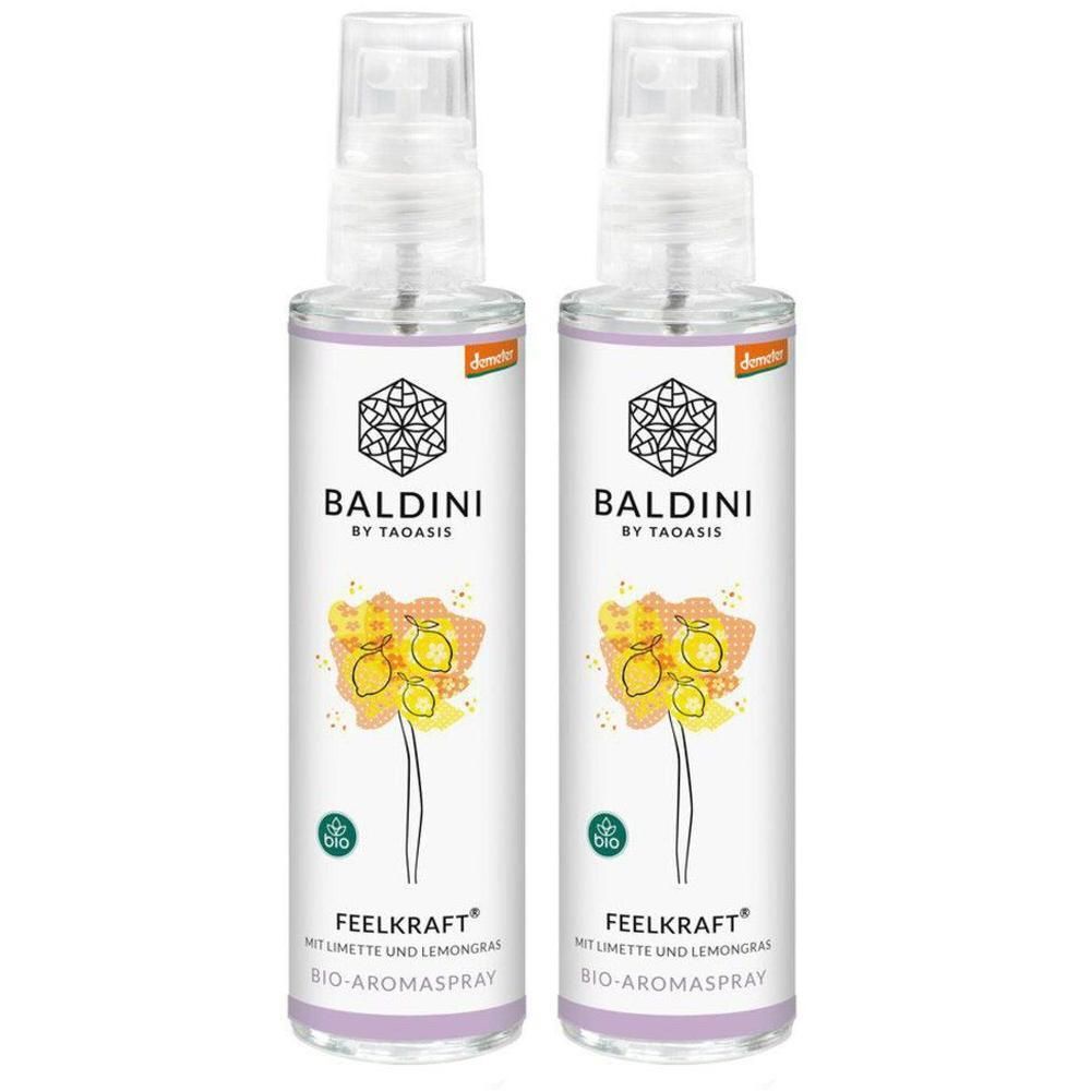 Zwei Sprühflaschen mit weißem Etikett. Aufschrift: BALDINI, FEELKRAFT, BIO-Aromaspray. Illustration: gelbe Blüten mit Zitronen. Demeter-Siegel.