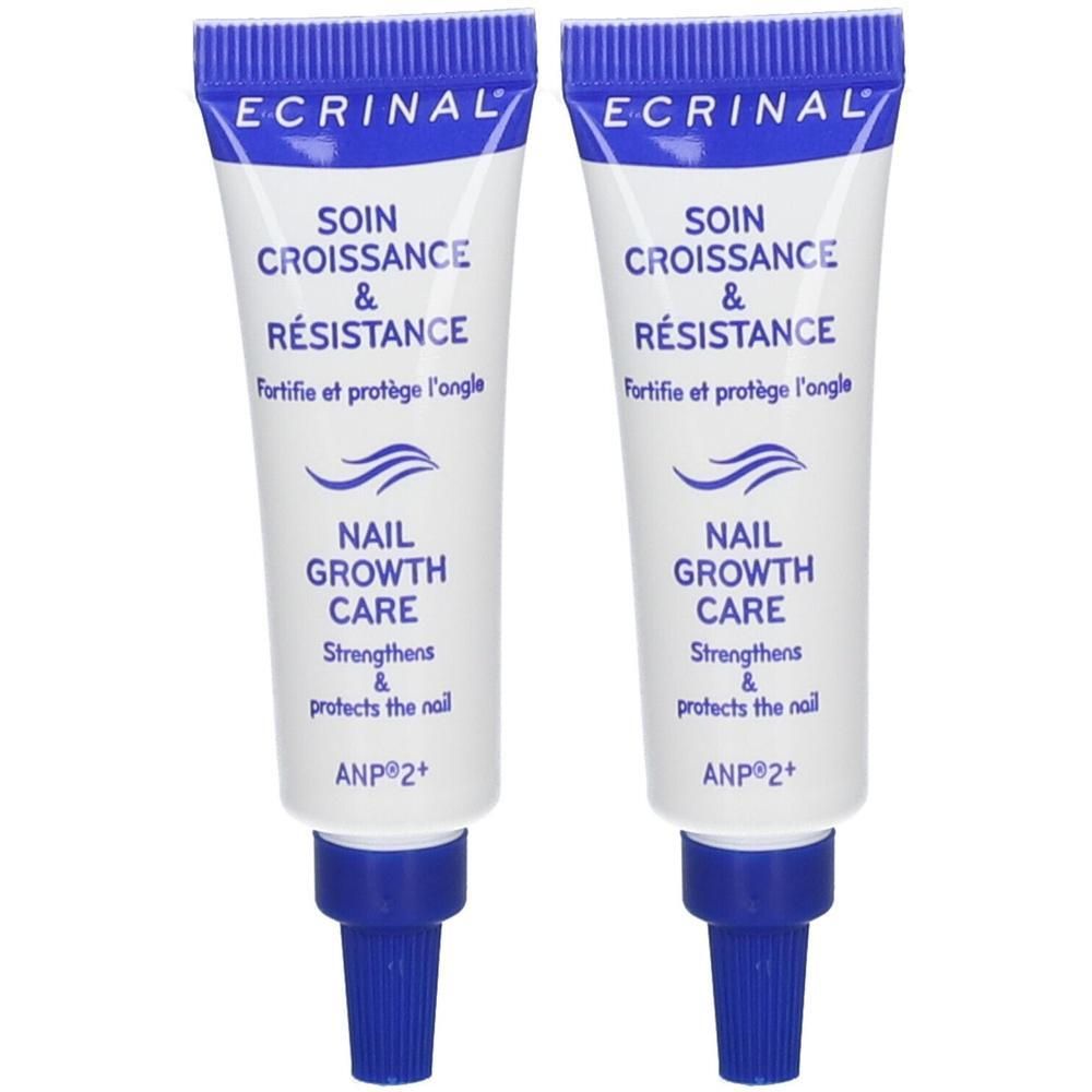 Zwei Tuben ECRINAL Nagelpflege. Weiß, mit blauen Deckeln und Schriftzügen. Text: SOIN CROISSANCE & RÉSISTANCE, NAIL GROWTH CARE.