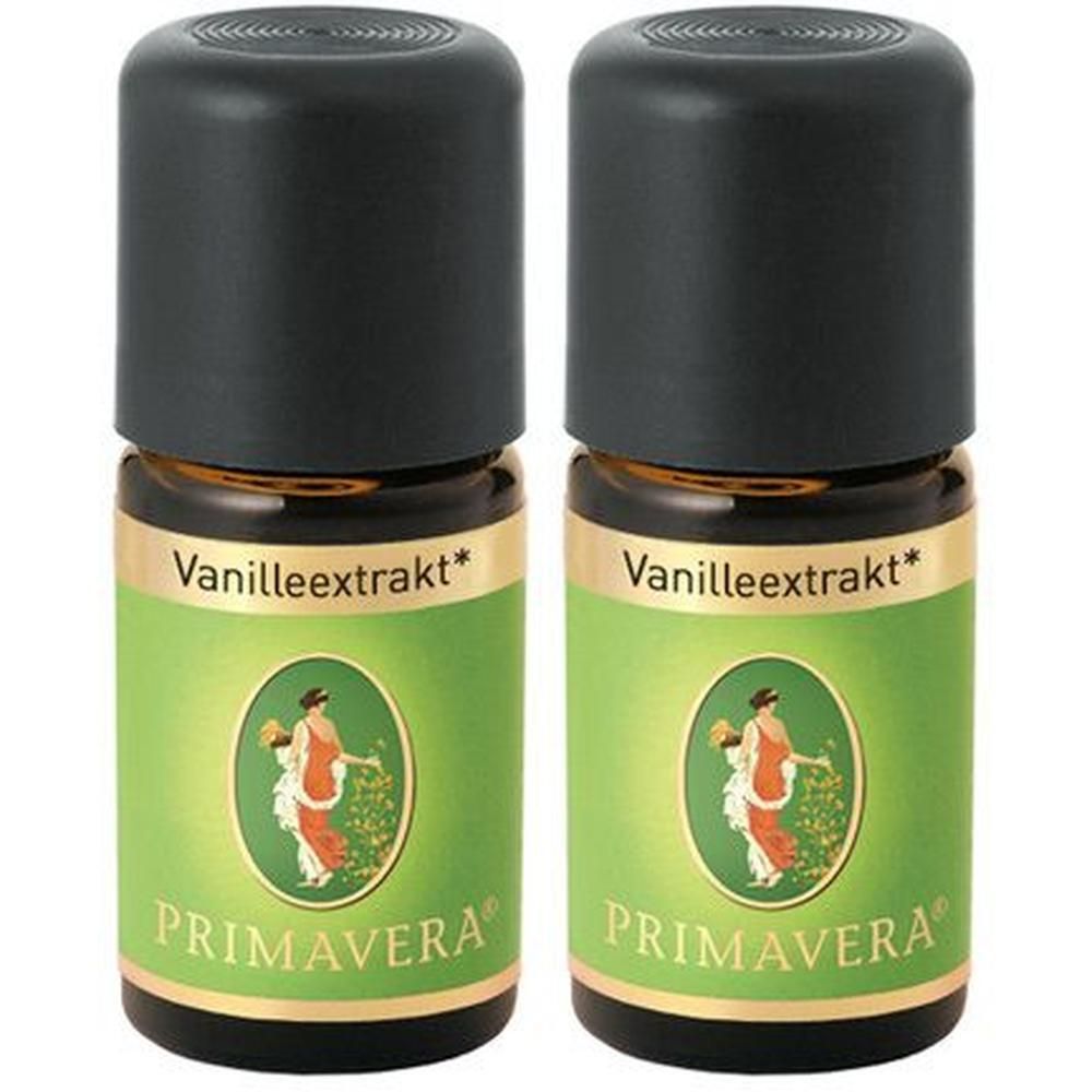 Zwei kleine Glasflaschen mit schwarzem Deckel. Aufschrift: Vanilleextrakt*. Grünes Etikett mit Frau und PRIMAVERA Logo.