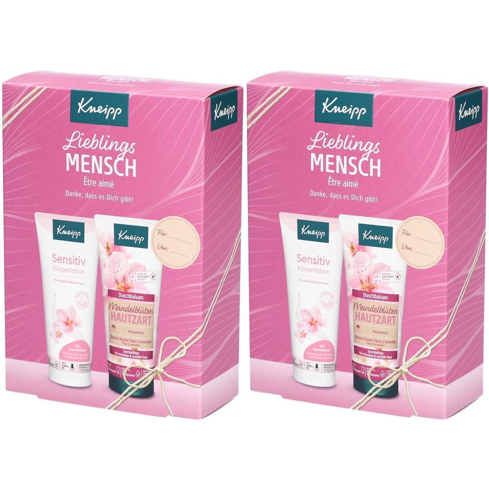 Zwei Geschenksets. Rosa Verpackung mit Kneipp-Logo und Schriftzug „Lieblings Mensch“. Enthält zwei Tuben Körperpflege.
