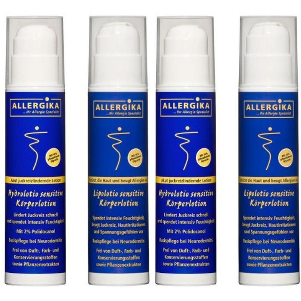 Vier Lotionen. Blaue zylindrische Flaschen mit weißem Deckel. Aufschrift: ALLERGIKA. Produktbezeichnung und weitere Informationen.
