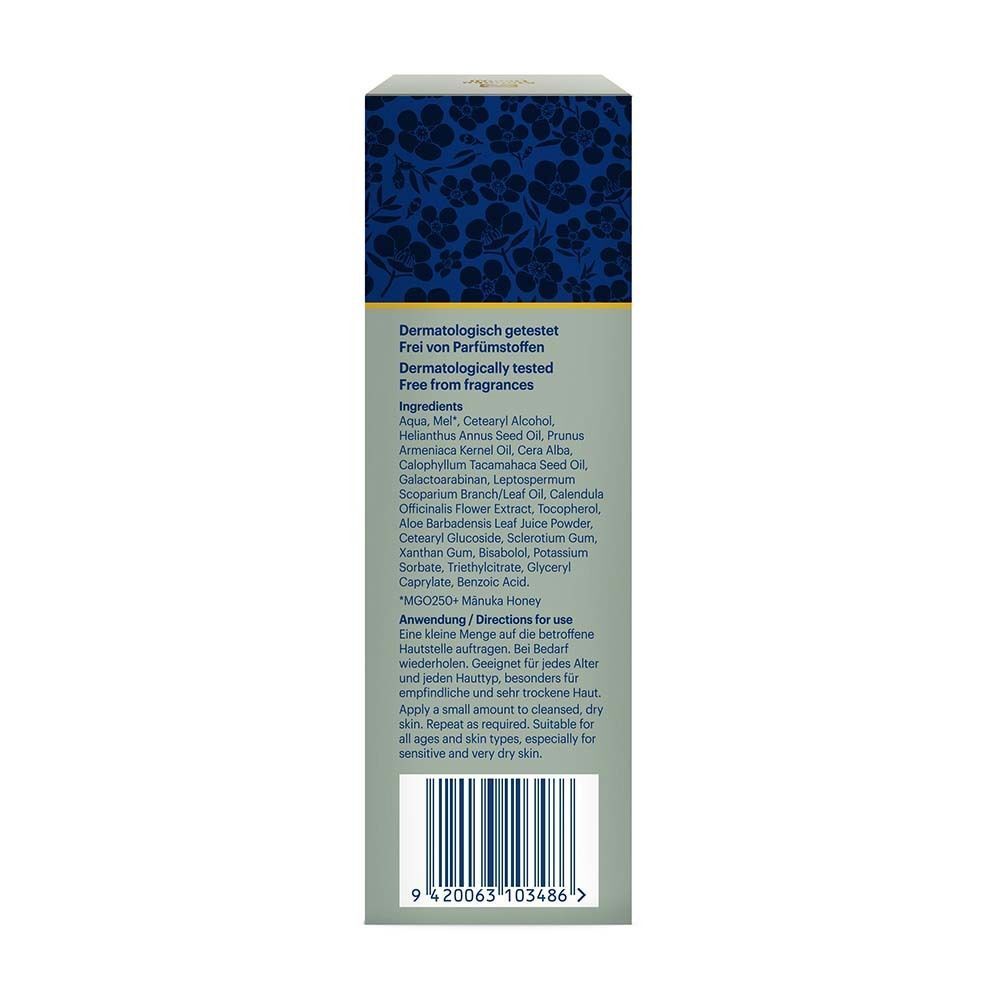 Rückseite der Schachtel. Text: Dermatologisch getestet. Inhaltsstoffe. Anwendung. 9420063103486.