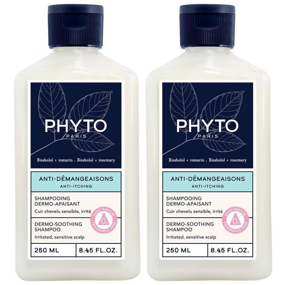 Zwei Flaschen Shampoo mit blauen Deckeln. Aufschrift: PHYTO PARIS, Anti-Juckreiz, 250 ml.
