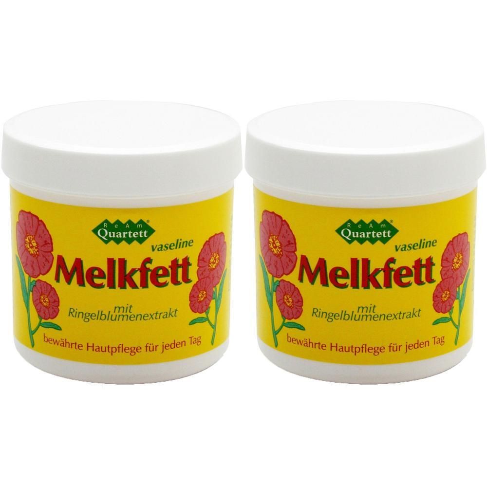 Zwei Cremetiegel mit gelbem Etikett. Aufschrift: Melkfett mit Ringelblumenextrakt. Marke: Quartett. Weiße Deckel. Rote Blumenabbildung.