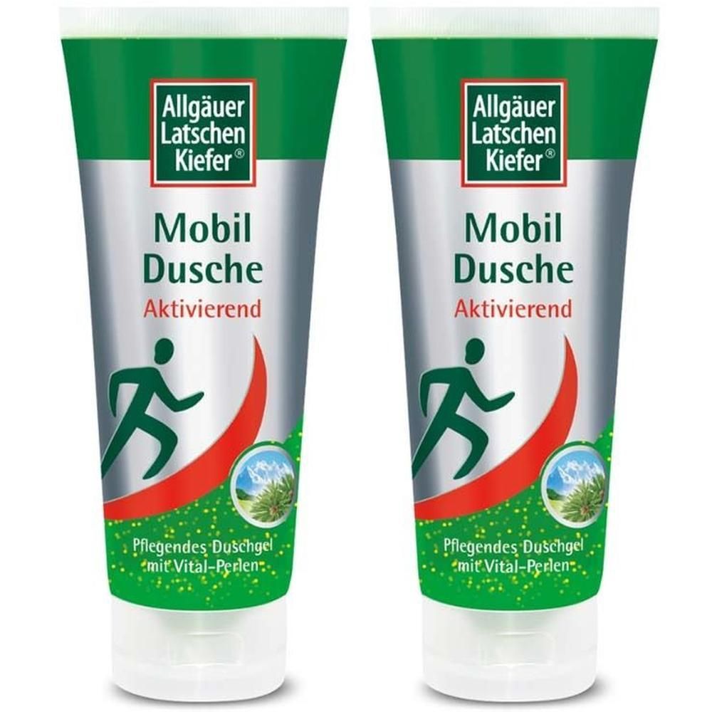 Zwei Tuben Allgäuer Latschenkiefer Mobil Dusche. Grün-silberne Tuben mit Produktnamen und Logo. Aktivierend.