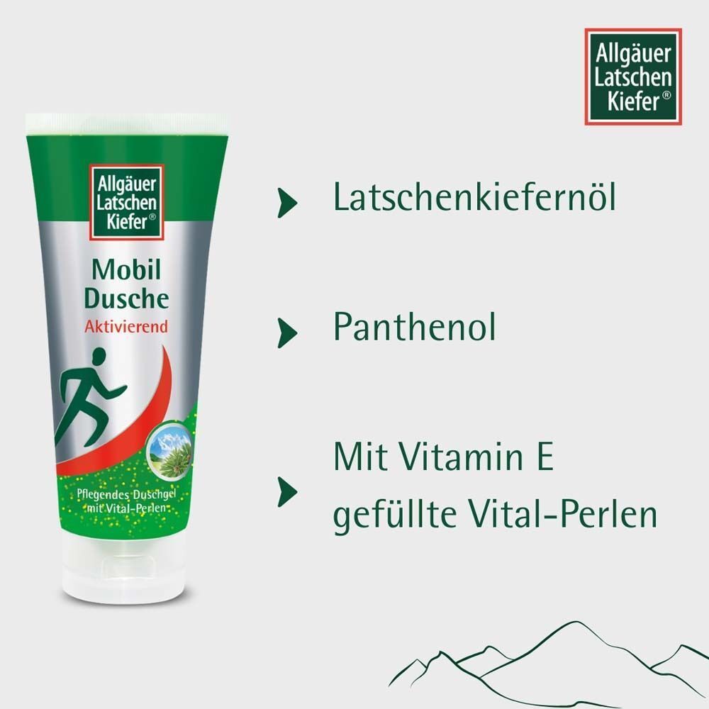 Tube Allgäuer Latschenkiefer Mobil Dusche. Grün-silberne Tube mit Produktnamen und Logo. Aktivierend. Text: Latschenkiefernöl, Panthenol, Vitamin E.
