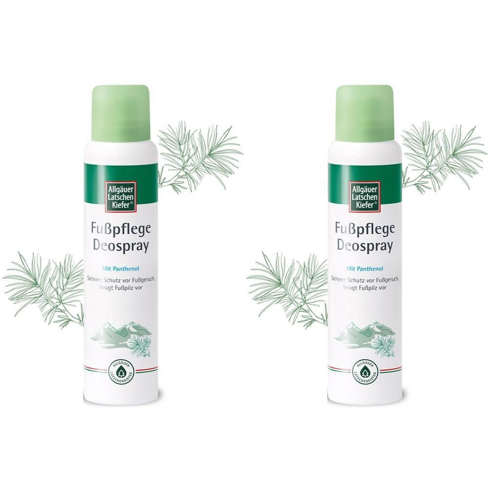 Zwei Deospray-Dosen mit grünem Deckel. Aufschrift: Fußpflege Deospray. Mit Zweigen dekoriert.