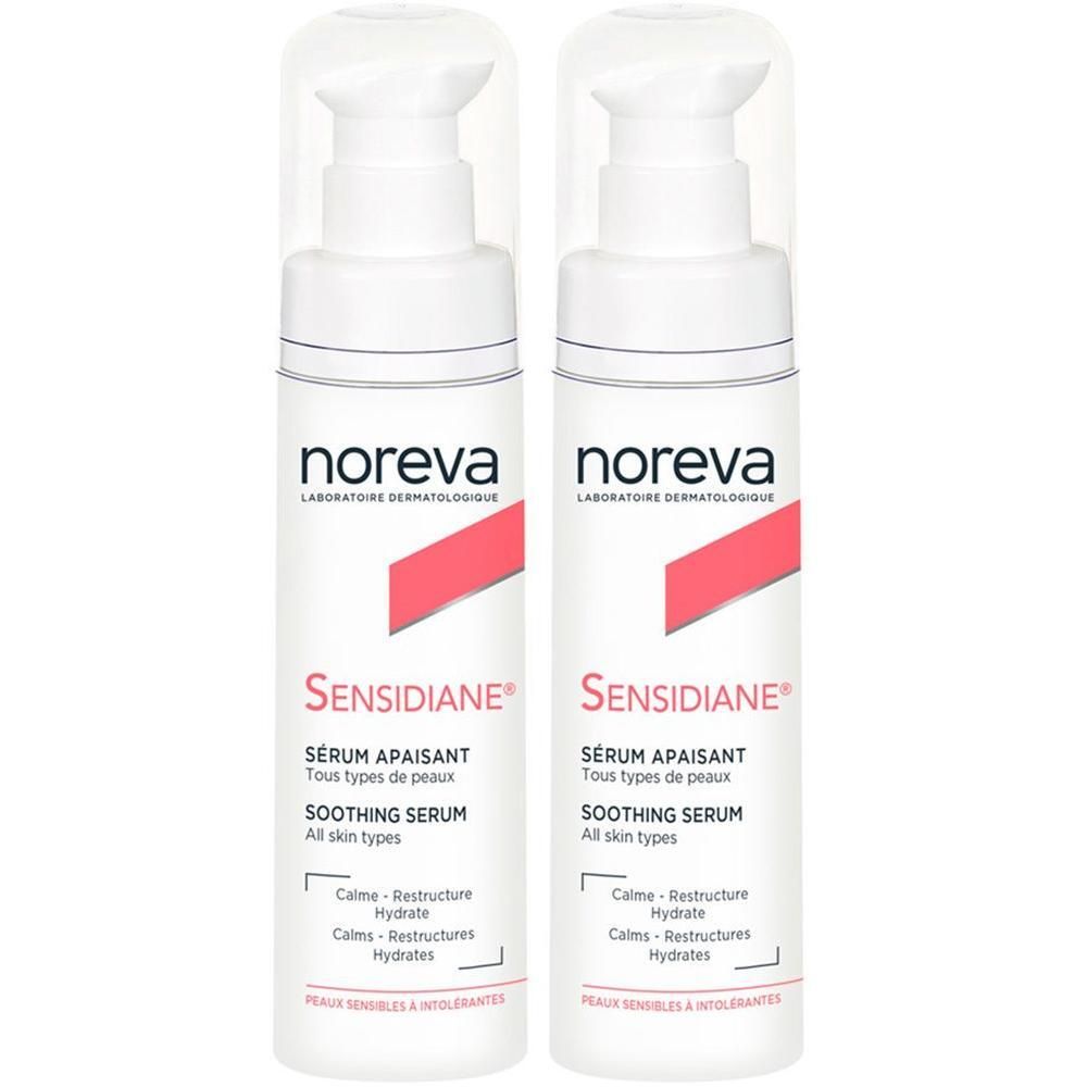 Zwei weiße Flaschen mit Pumpaufsatz. Aufschrift: noreva Sensidiane, beruhigendes Serum für alle Hauttypen. Rosa Streifen.