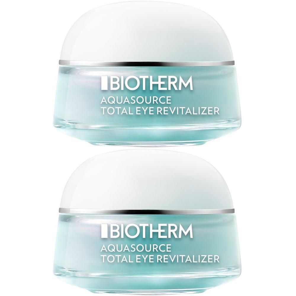 Zwei Tiegel Augencreme. Weiße Deckel, silberner Rand, türkisfarbener Behälter. BIOTHERM Aquasource Total Eye Revitalizer.