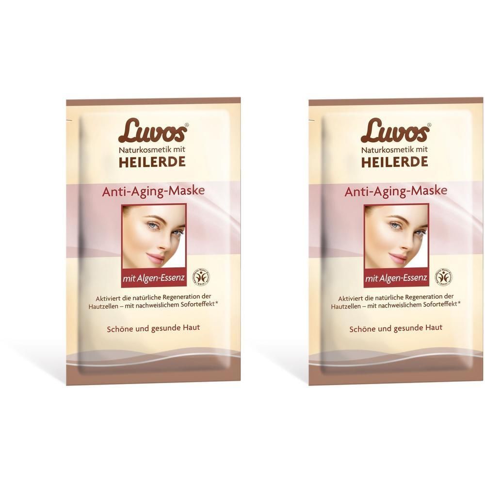Zwei Beutel Luvos Anti-Aging-Maske mit Heilerde und Algen-Essenz. Aufdruck: „Schöne und gesunde Haut“.
