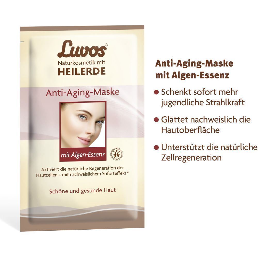 Luvos Anti-Aging-Maske mit Algen-Essenz. Text: „Schenkt sofort mehr jugendliche Strahlkraft“ und „glättet nachweislich die Hautoberfläche“.