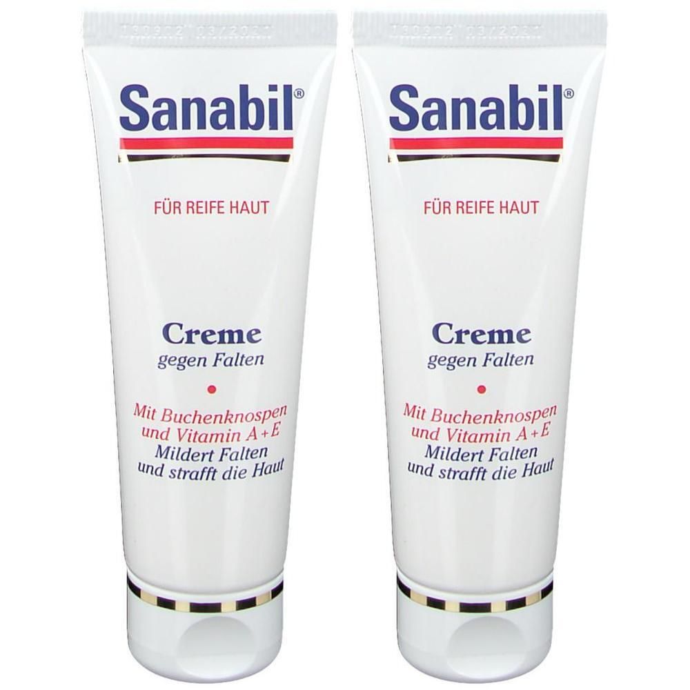 Zwei Tuben Creme gegen Falten. Aufschrift: Sanabil, Creme gegen Falten, für reife Haut. Enthält Buchenknospen und Vitamin A+E.