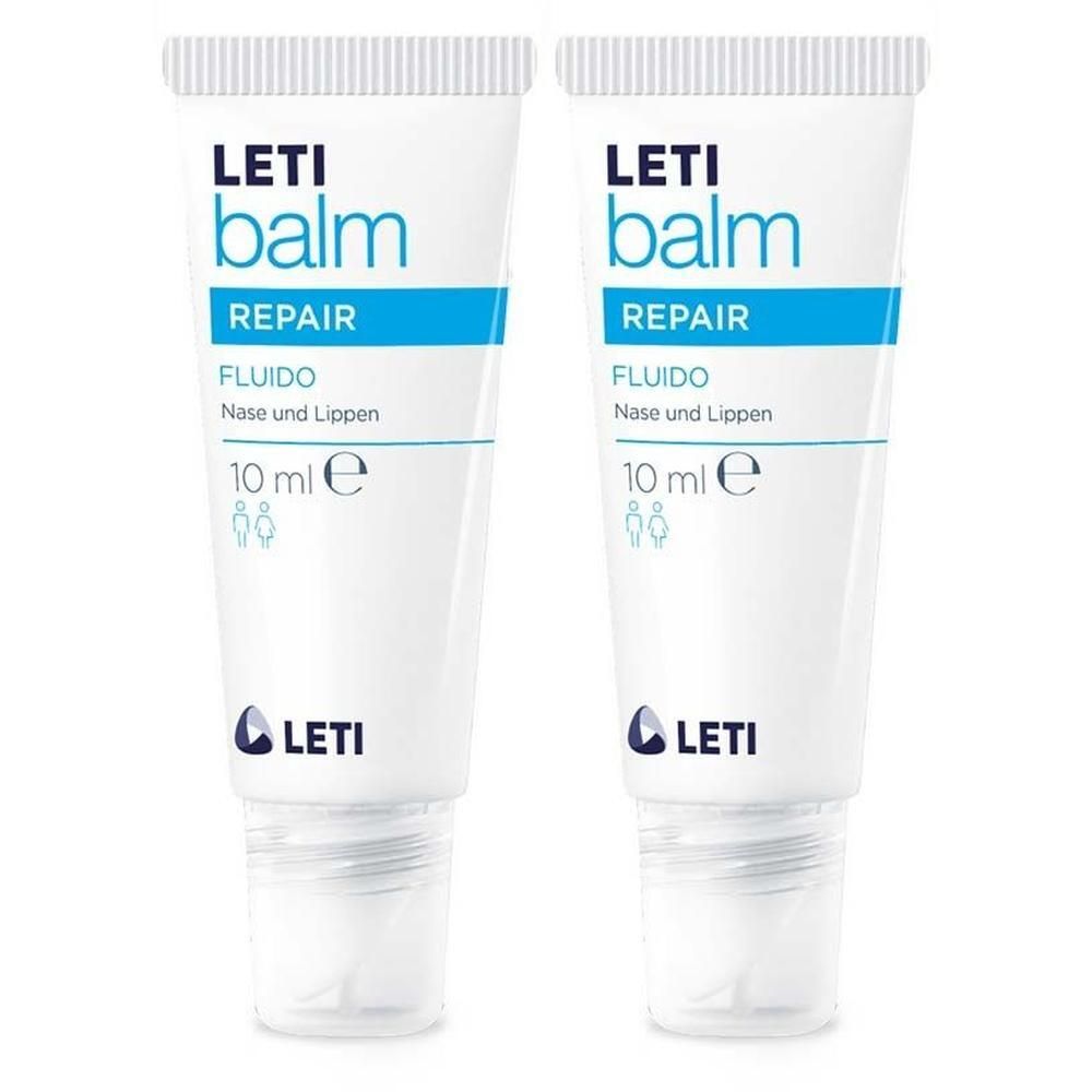 Zwei Tuben LETI balm REPAIR fluido. Weiße Tuben mit blauer Schrift und Logo. 10 ml.