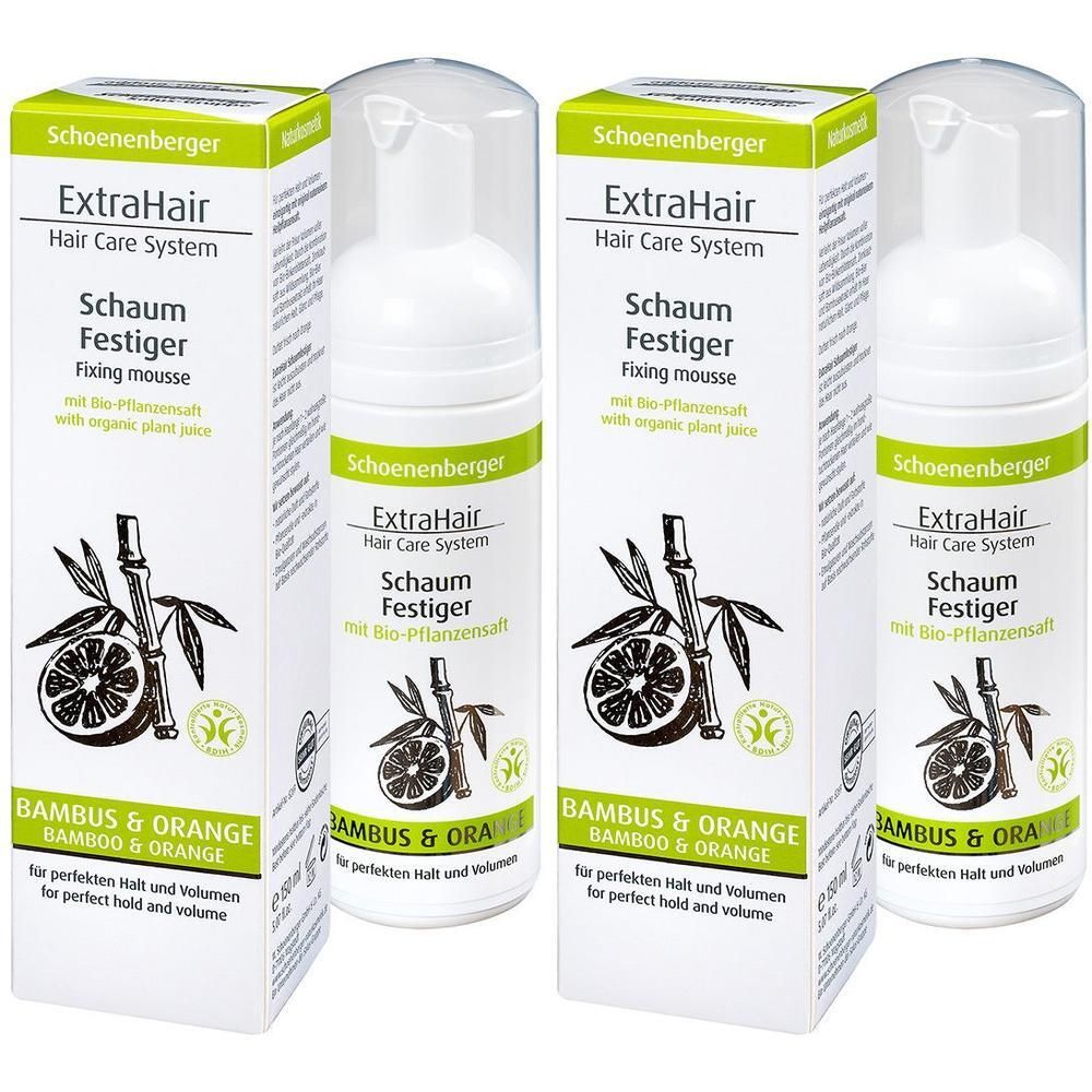 Vier Packungen Schoenenberger ExtraHair Schaumfestiger. Weiße Kartons mit Produktnamen, Bambus- und Orangen-Illustrationen. Flaschen mit Pumpaufsatz.