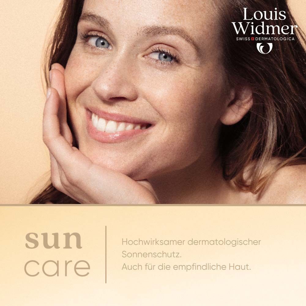 Porträt einer Frau mit blauen Augen. Logo Louis Widmer. Text: sun care, Hochwirksamer dermatologischer Sonnenschutz.