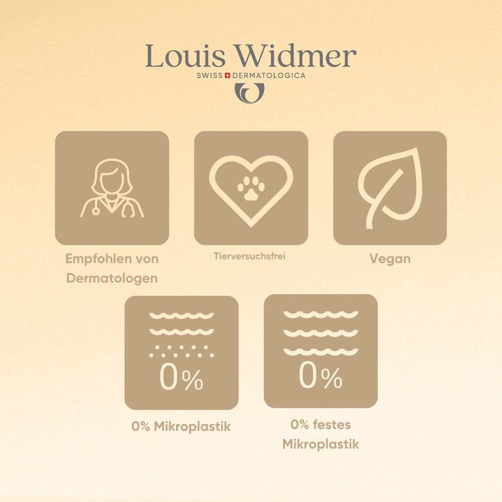 Logo Louis Widmer. Icons: Dermatologen empfohlen, Tierversuchsfrei, Vegan, 0% Mikroplastik, 0% festes Mikroplastik.