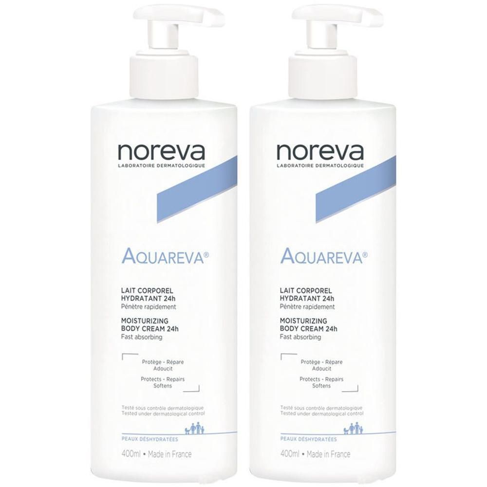 Zwei weiße Flaschen mit Pumpaufsatz. Aufschrift: noreva, Aquareva, Lait Corporel Hydratant 24h, Moisturizing Body Cream 24h. 400ml.