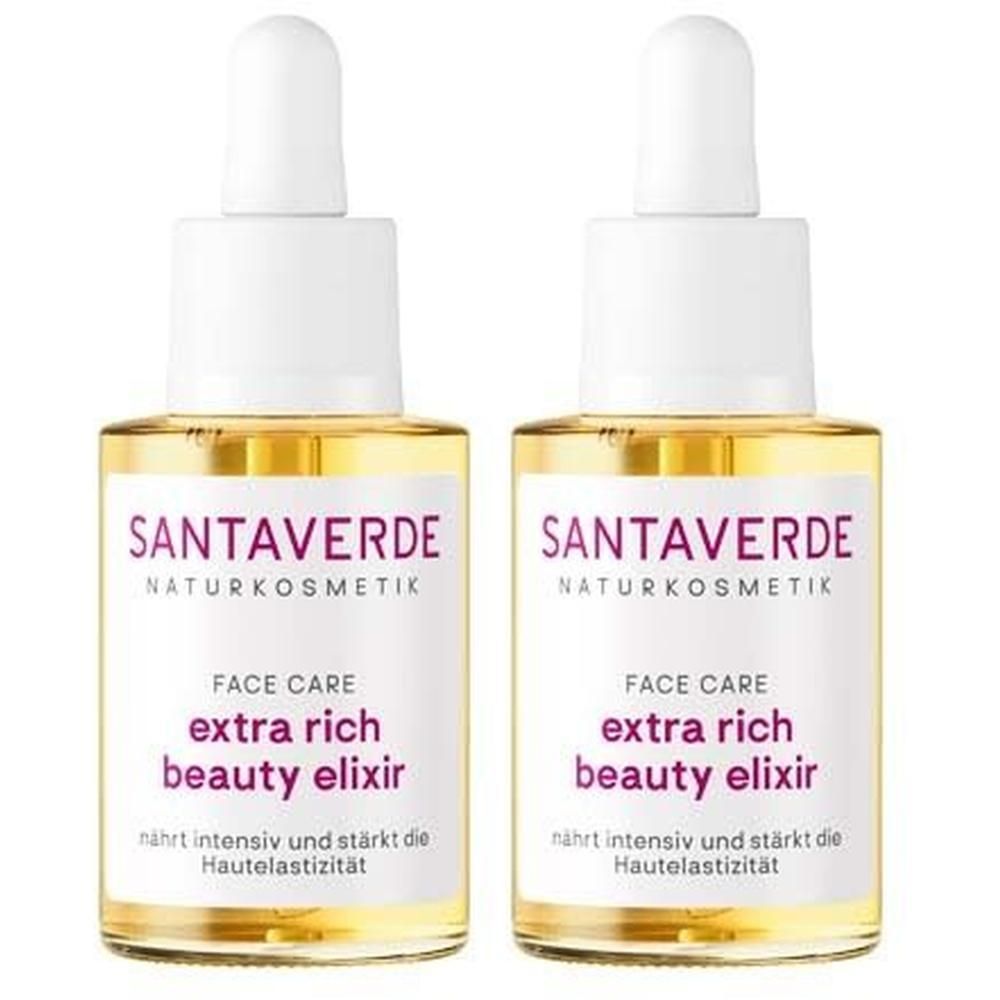 Zwei Flaschen SANTAVERDE Gesichtsöl mit Pipette. Aufschrift: extra rich beauty elixir. Naturkosmetik.