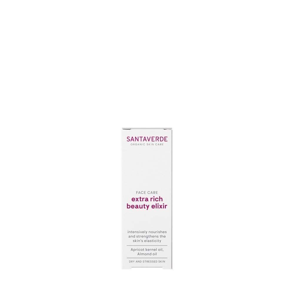Verpackung von SANTAVERDE Gesichtsöl. Aufschrift: extra rich beauty elixir. Text: nährt intensiv und stärkt die Hautelastizität. Für trockene Haut.