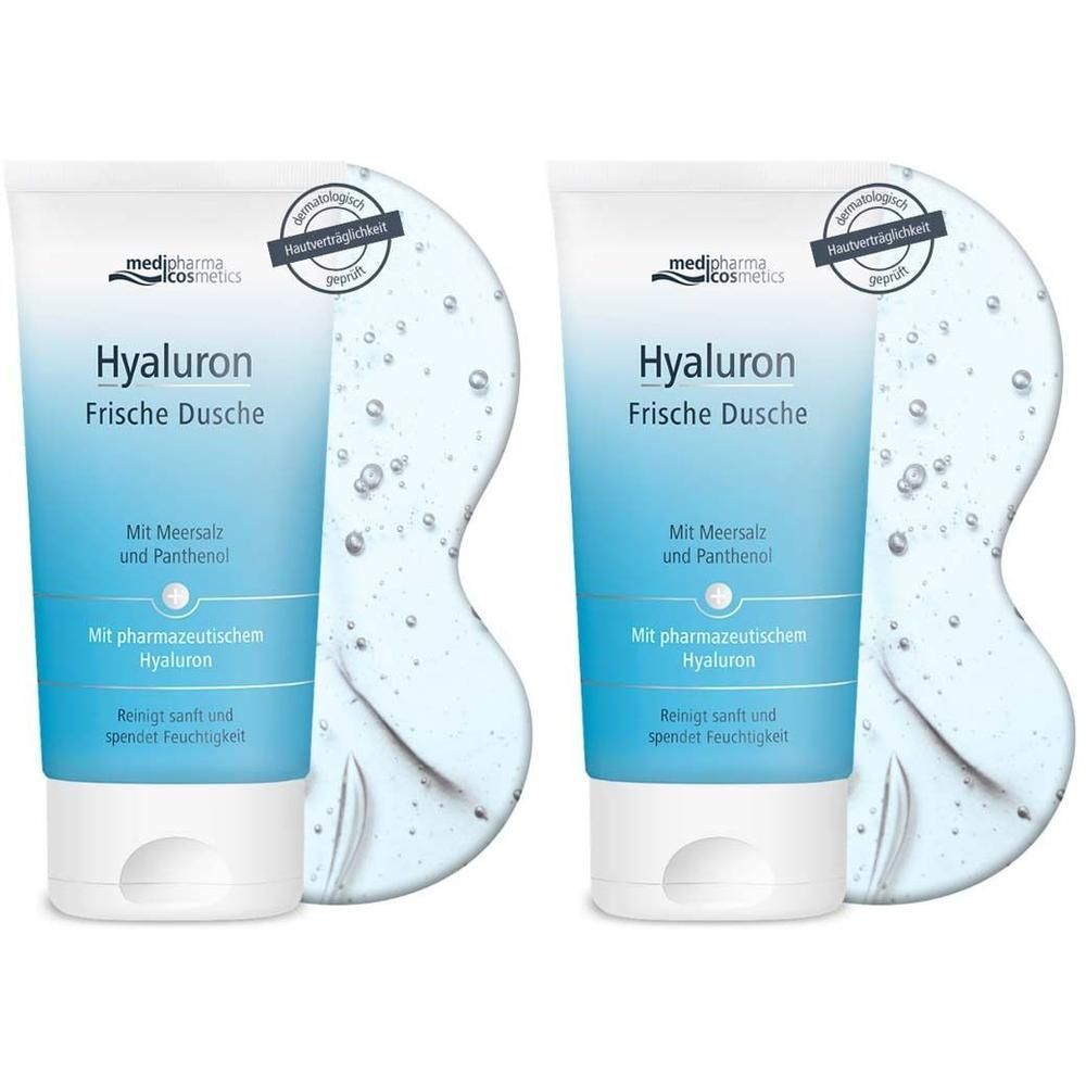 Zwei Tuben Hyaluron Frische Dusche. Blaue Tube mit weißem Deckel. Text: medipharma cosmetics, Hyaluron, Frische Dusche, Meersalz, Panthenol.