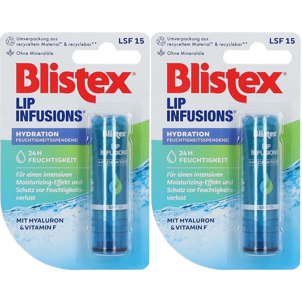 Zwei Blistex Lip Infusions Hydration Lippenpflegestifte in Blisterverpackung. Blaue Stifte mit weißer Schrift. Enthält Hyaluron & Vitamin F.