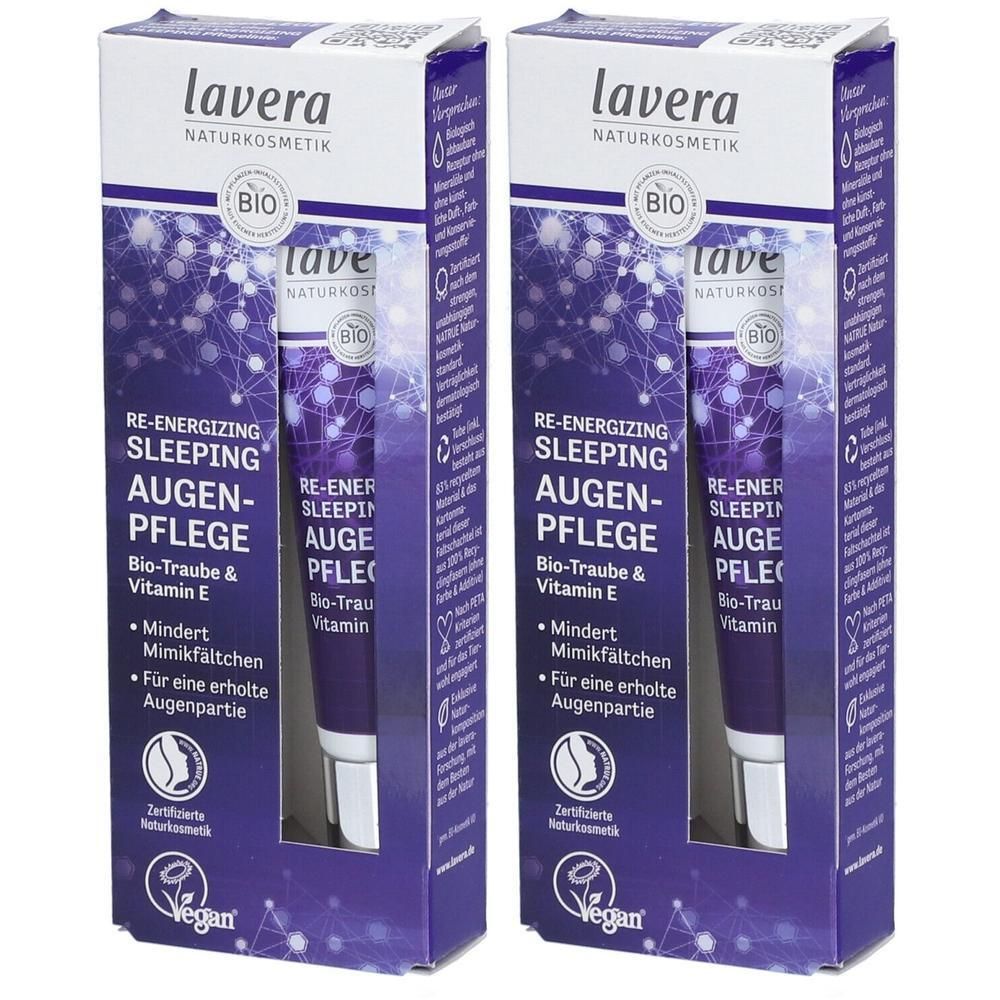 Zwei Packungen Lavera Augenpflege. Lila Verpackung mit Produktnamen und Logo. Enthält Bio-Traube und Vitamin E. Vegan.