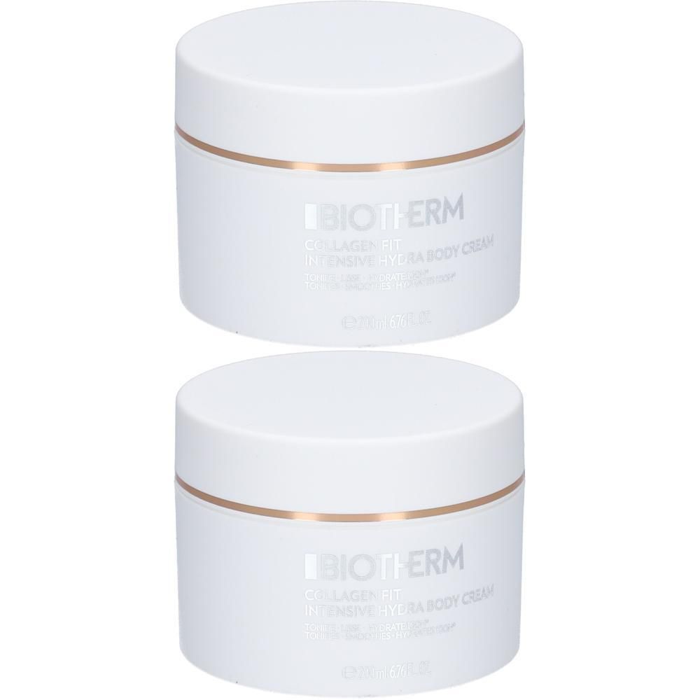 Zwei weiße Tiegel mit goldenen Rändern. Auf den Tiegeln steht BIOTHERM Collagen Fit Intensive Ultra Body Cream.