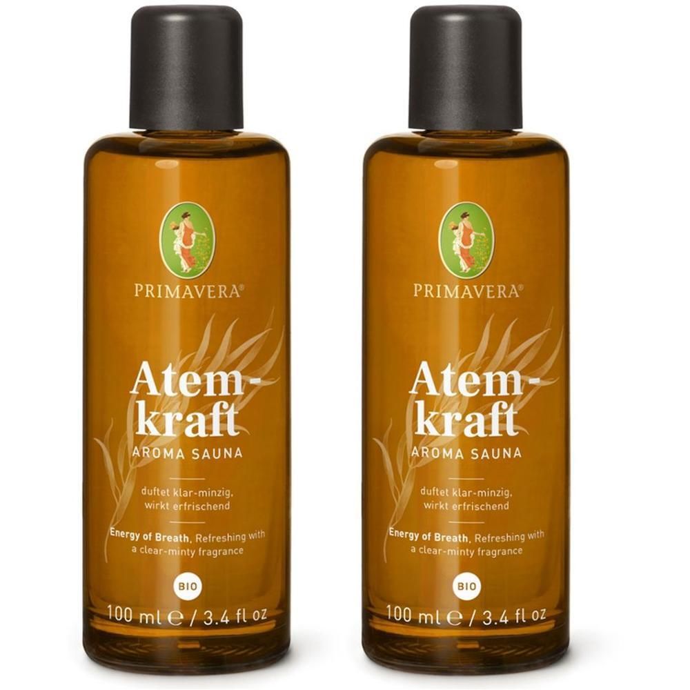 Zwei braune Flaschen mit schwarzem Deckel. Aufschrift: Atemkraft Aroma Sauna, Primavera, Bio-Siegel. 100 ml.